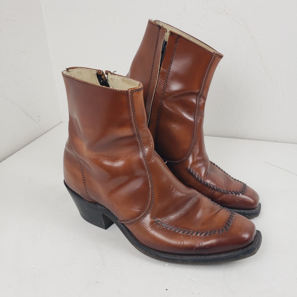 Laredo Vintage Mens Brown Leather Short Western Zip Up Boots Square Toe 7.5 EE